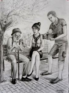 Mimar Sinan Üniversitesi'nde eski yıllarda yetenek sınavlarında çıkmış bir soru:Parkta bankta oturan yaşlı adamla röportaj yapan bayan muhabir ve kameraman konulu imgesel çalışma örneği. Anatomi Sanat